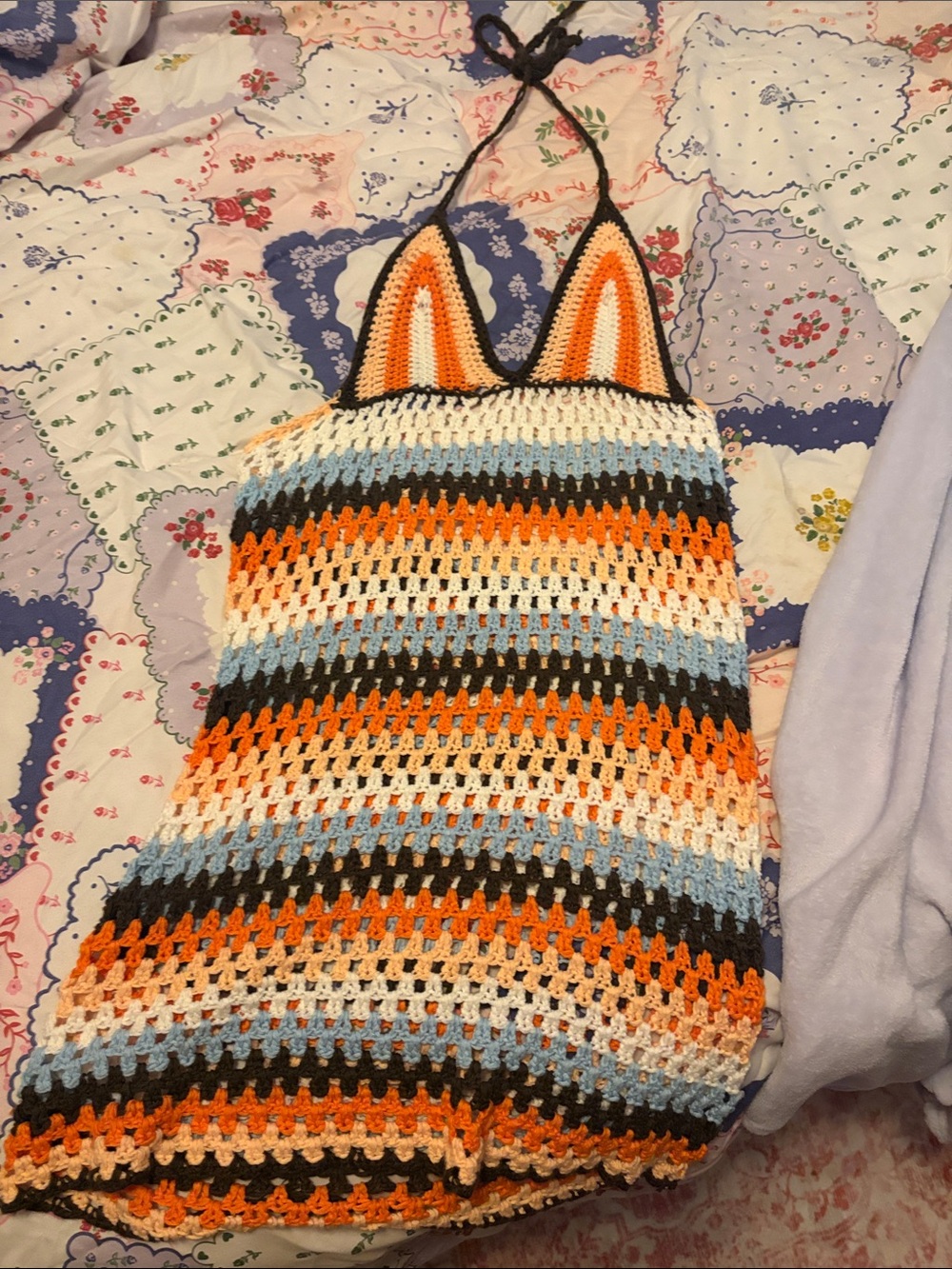 Fashion Nova Striped Crochet Halter Dress  - Orange, Blue, Cream, Black